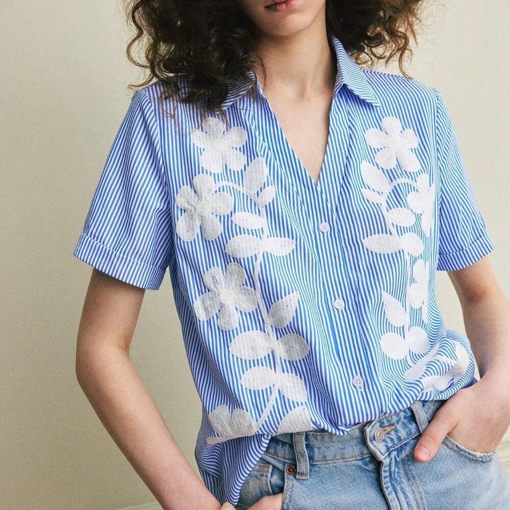 Blue Casual Women's Loose Striped Top